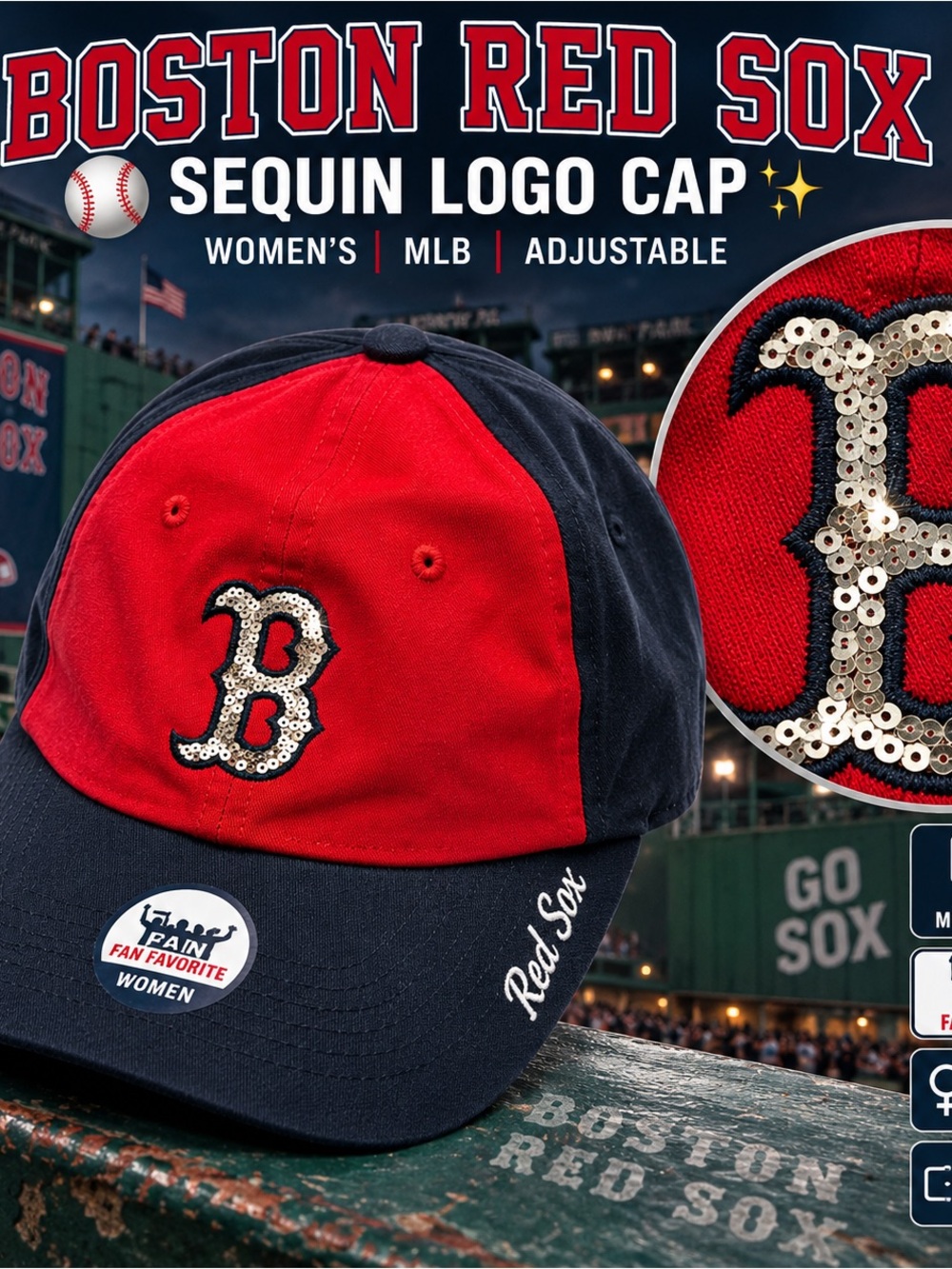 Boston Red Sox Fan Favorite Women’s Sequin B Cap MLB Adjustable Baseball Hat